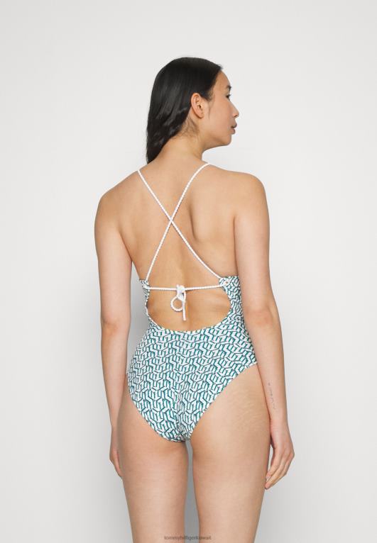 هيلفيغر AOP حرف واحد فقط باللون الأخضر Tommy Hilfiger يغرق ملابس السباحة قطعة واحدة 446446109