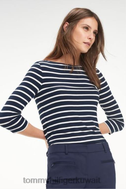 أزرق Tommy Hilfiger تيشيرت برقبة قارب بطول 3/4 446443563