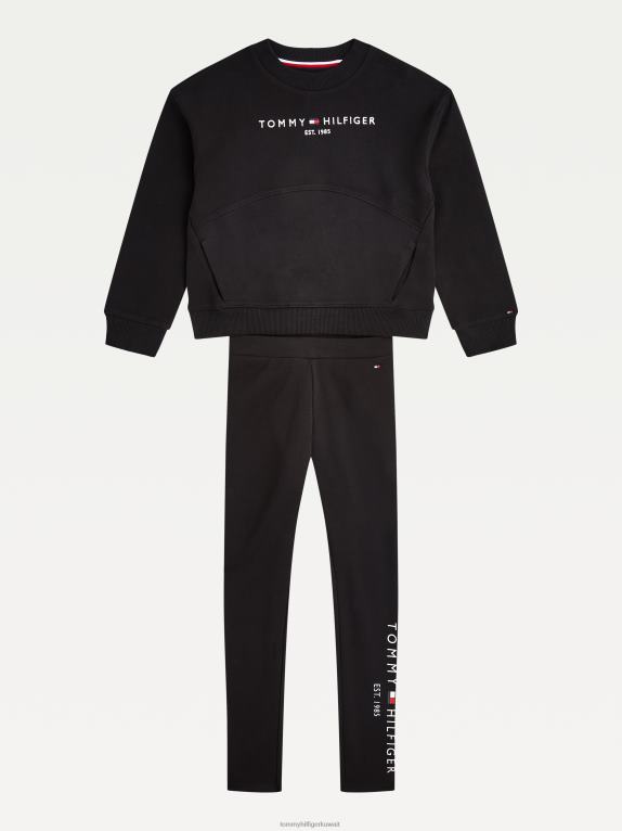 أسود Tommy Hilfiger طقم سويت شيرت وبنطال ضيق أساسي للفتيات من 3 إلى 7 سنوات 44644446