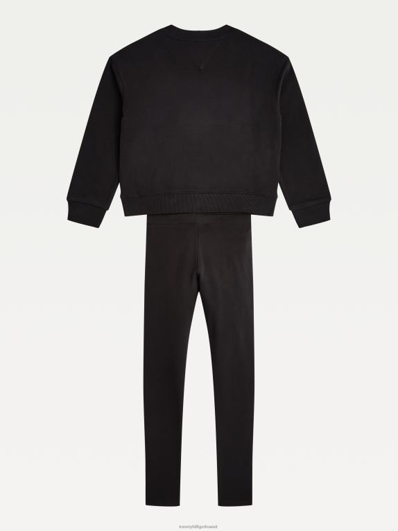 أسود Tommy Hilfiger طقم سويت شيرت وبنطال ضيق أساسي للفتيات من 3 إلى 7 سنوات 44644446