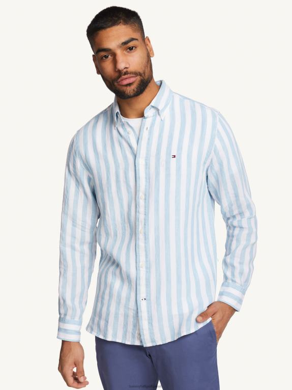 كولومبيا أزرق/أبيض Tommy Hilfiger قميص مخطط من الكتان الفاخر 446441003