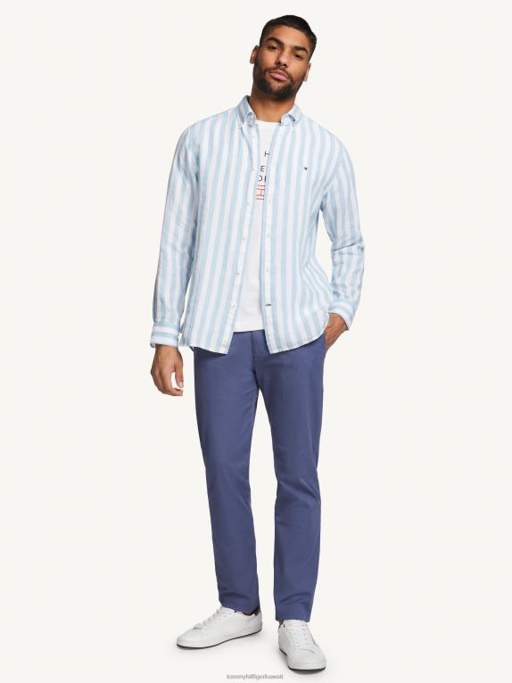 كولومبيا أزرق/أبيض Tommy Hilfiger قميص مخطط من الكتان الفاخر 446441003