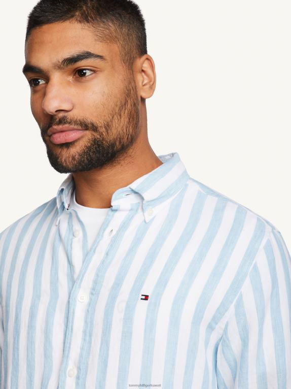 كولومبيا أزرق/أبيض Tommy Hilfiger قميص مخطط من الكتان الفاخر 446441003
