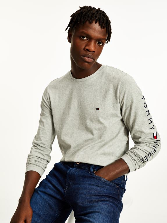 هيذر رمادي فاتح Tommy Hilfiger تيشيرت بأكمام طويلة وشعار جيرسي عضوي 446441497