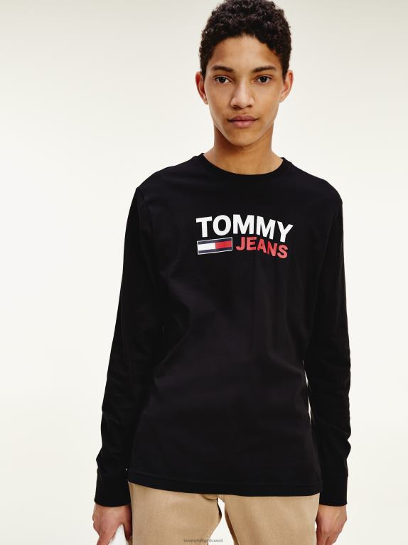 أسود Tommy Hilfiger تيشيرت بأكمام طويلة وشعار الماركة 446441498