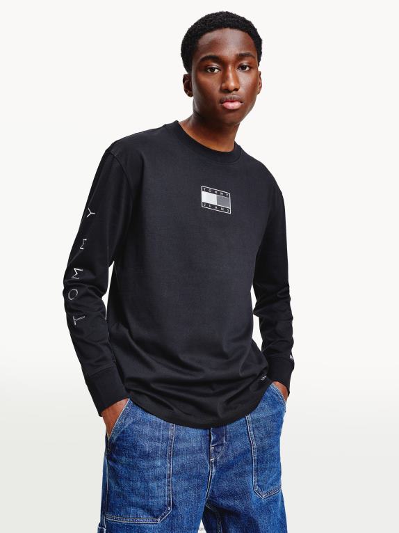 أسود Tommy Hilfiger تي شيرت معدني بأكمام طويلة وقصة مريحة 446441605