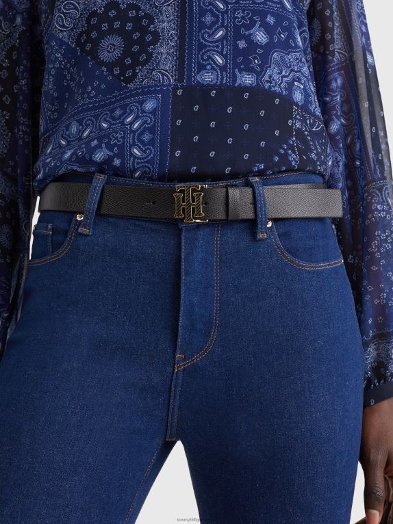 أسود Tommy Hilfiger حزام جلد بإبزيم مونوغرام 446441848