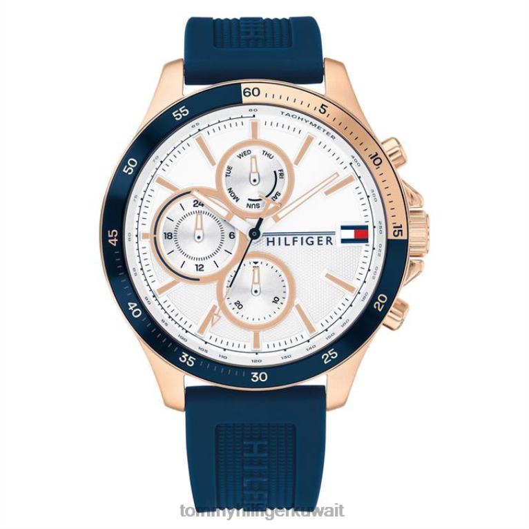 أزرق أبيض Tommy Hilfiger ساعة رياضية رجالية من السيليكون باللون الأزرق 4464420054