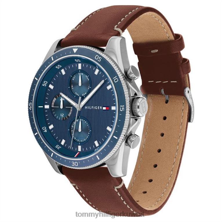 فضي/بني Tommy Hilfiger ساعة رجالية من الفولاذ المقاوم للصدأ بسوار جلدي بني 4464420222
