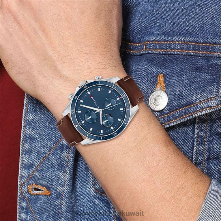 فضي/بني Tommy Hilfiger ساعة رجالية من الفولاذ المقاوم للصدأ بسوار جلدي بني 4464420222