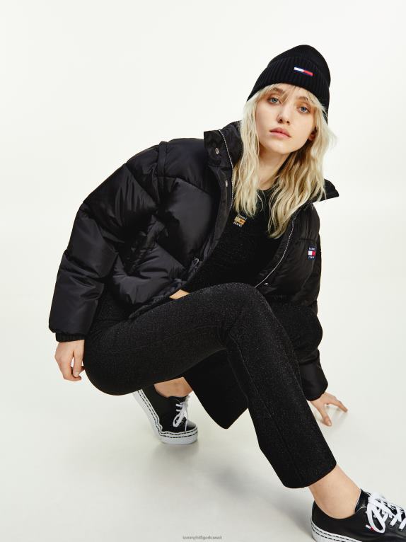 أسود Tommy Hilfiger سترة منتفخة قصيرة قابلة للتحويل معاد تدويرها 446442025