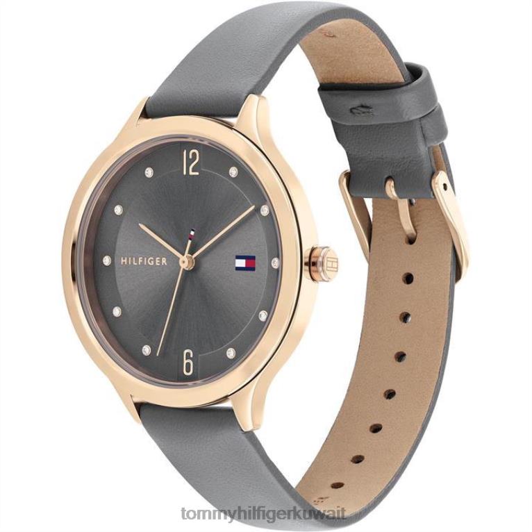 رمادي Tommy Hilfiger ساعة نسائية بأشعة الشمس وحزام جلدي 4464420269