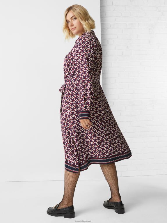 أحمر/مونوجرام أحمر أبيض أزرق Tommy Hilfiger فستان قميص بقصة ضيقة ونقش مونوغرام 446442046