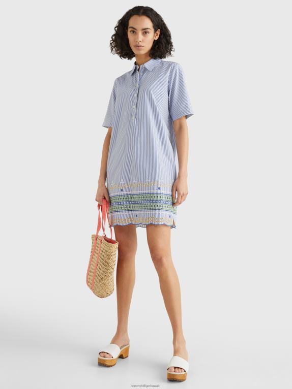شريط إيثاكا مقطوع/أزرق بيري Tommy Hilfiger التطريز فستان قميص قصير الأكمام 446442050