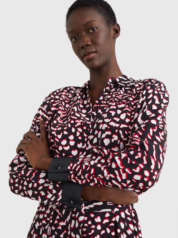 طباعة ريشة كبيرة/أحمر أبيض أسود Tommy Hilfiger فستان ميدي بطبعة ريشة وقصة مريحة 446442086