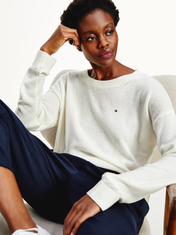 بيج فاتح Tommy Hilfiger كنزة من الصوف الخالص برقبة دائرية 446442209