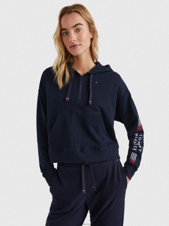 سماء الصحراء Tommy Hilfiger سترة بغطاء رأس بنصف سحاب وأكمام شعار مطاطية 446442255