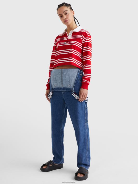 قرمزي عميق/متعدد Tommy Hilfiger شارة بولو الرجبي شريطية بأكمام طويلة 446442345