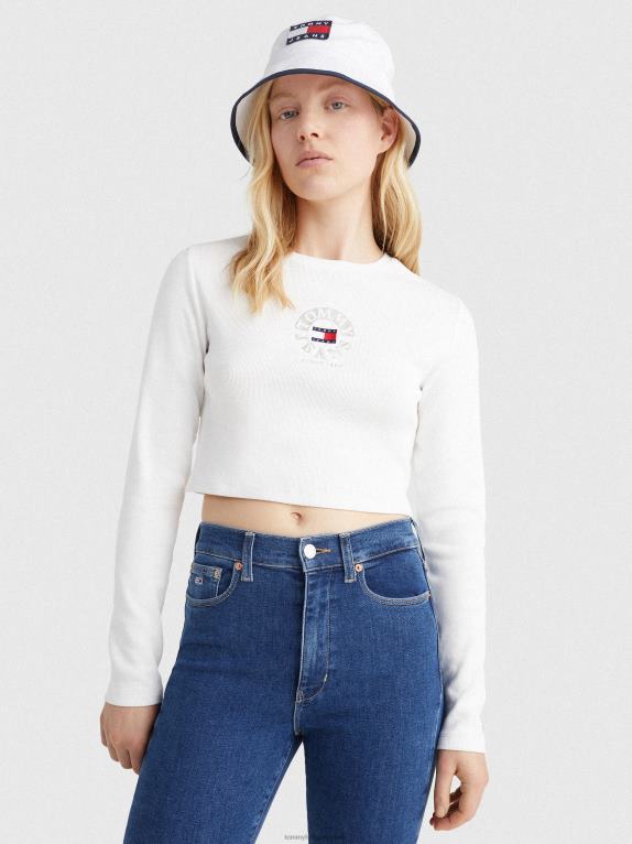 بيج فاتح Tommy Hilfiger تيشيرت بأكمام طويلة وتطريز شعار الماركة 446442521