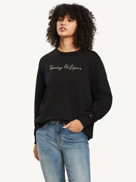 أسود Tommy Hilfiger طاقم الرقبة النصي البلوز 446442655