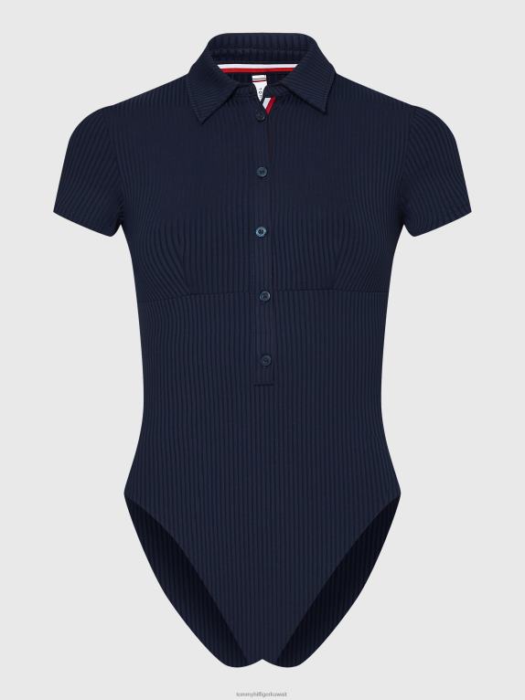 سماء الصحراء Tommy Hilfiger ملابس سباحة بولو مضلعة قطعة واحدة 446442691