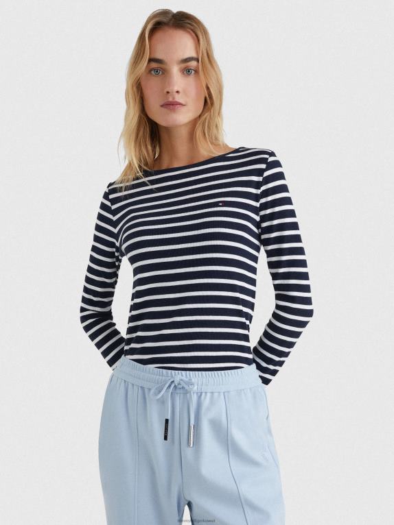 شريط بريتون/سماء الصحراء بيضاء Tommy Hilfiger تي شيرت نحيف برقبة قارب وأكمام طويلة 446442913