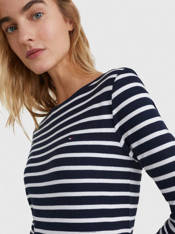 شريط بريتون/سماء الصحراء بيضاء Tommy Hilfiger تي شيرت نحيف برقبة قارب وأكمام طويلة 446442913