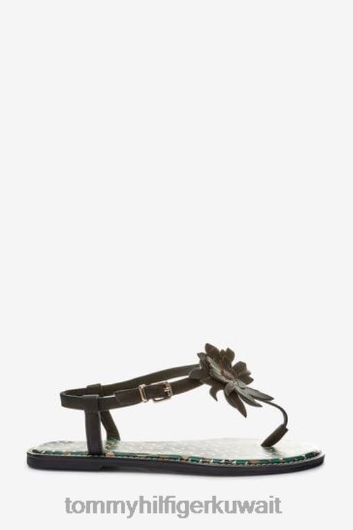 أسود Tommy Hilfiger صندل مسطح من الجلد بطبعة مونوغرام وزهور 446443314