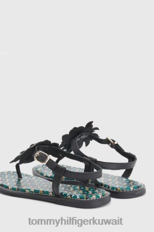 أسود Tommy Hilfiger صندل مسطح من الجلد بطبعة مونوغرام وزهور 446443314