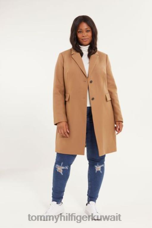 بني Tommy Hilfiger معطف كلاسيكي من مزيج الصوف المنحني 446443457