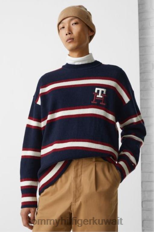 أزرق Tommy Hilfiger كنزة مخططة من الصوف بنقش مونوغرام 446443637