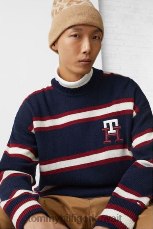 أزرق Tommy Hilfiger كنزة مخططة من الصوف بنقش مونوغرام 446443637
