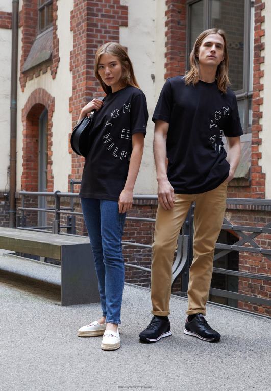 أسود Tommy Hilfiger تي شيرت مطبوع برسومات دائرية للجنسين 446444868