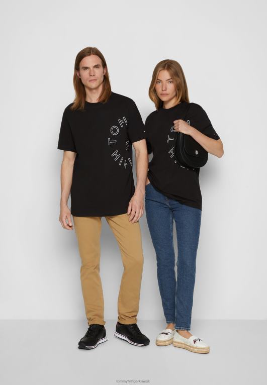 أسود Tommy Hilfiger تي شيرت مطبوع برسومات دائرية للجنسين 446444868