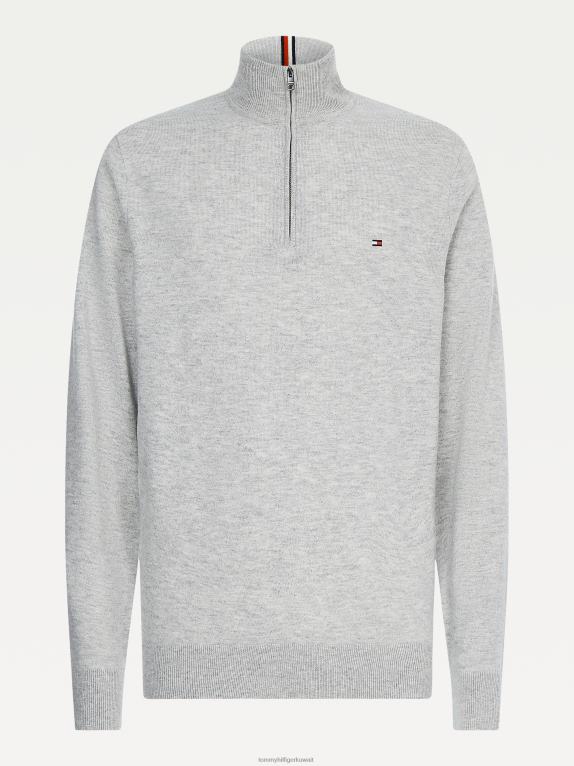 هيذر رمادي فاتح Tommy Hilfiger سترة من صوف ميرينو الناعم بنصف سحاب 44644697