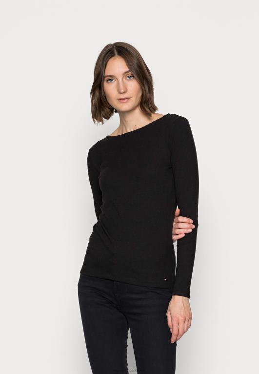 أسود Tommy Hilfiger قارب نحيل أعلى بأكمام طويلة 446447496