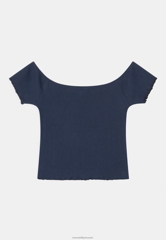 البحرية الشفق Tommy Hilfiger تي شيرت مطبوع بأكتاف مكشوفة 446447724