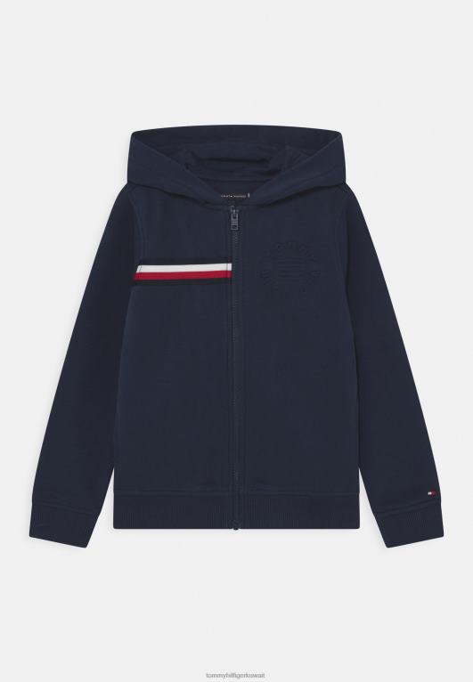 البحرية الشفق Tommy Hilfiger سويت شيرت بسحاب كامل منقوش بشريط عالمي 446447740