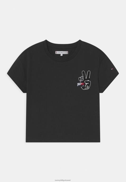 أسود Tommy Hilfiger تي شيرت بطبعة علم المرح المتلألئ 446447870