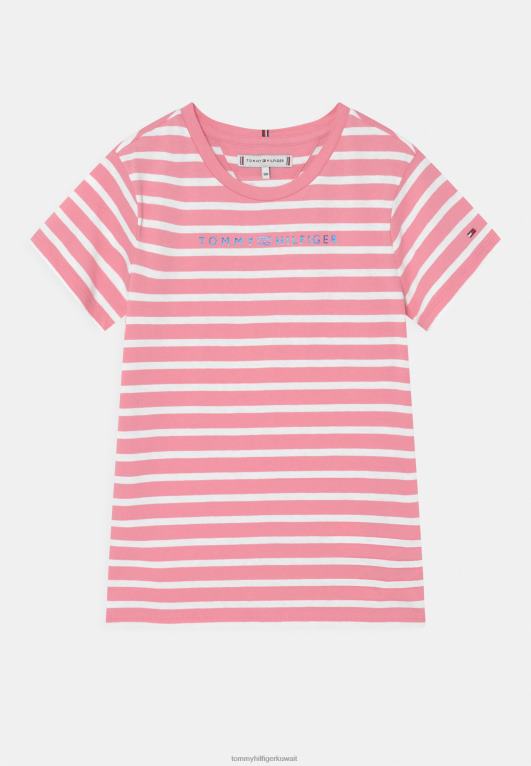 وردي طازج/أبيض Tommy Hilfiger تي شيرت بطبعة خطوط أساسية 446447979