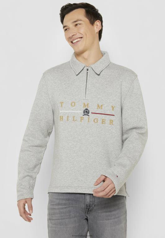 هيذر رمادي فاتح Tommy Hilfiger كنزة برقبة وهمية وشعار الماركة 446448140