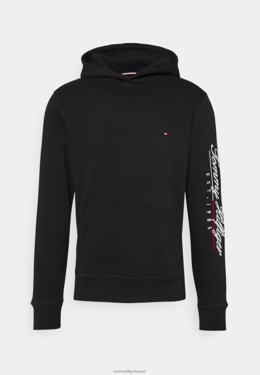 أسود Tommy Hilfiger سويت شيرت بغطاء للرأس مطرز بالنص للجنسين 446448193