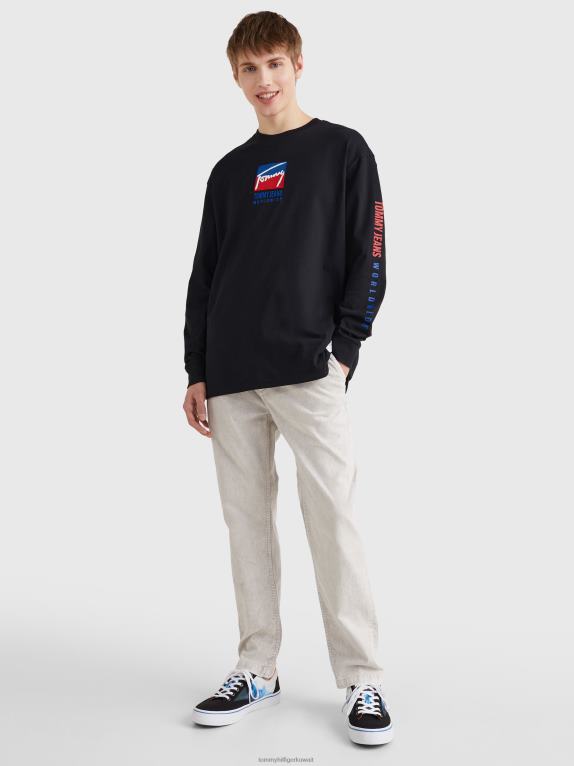 أسود Tommy Hilfiger تيشيرت بأكمام طويلة وشعار مطرز 44644852