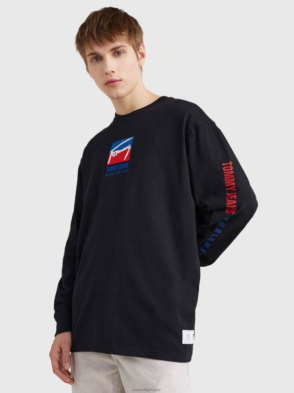 أسود Tommy Hilfiger تيشيرت بأكمام طويلة وشعار مطرز 44644852