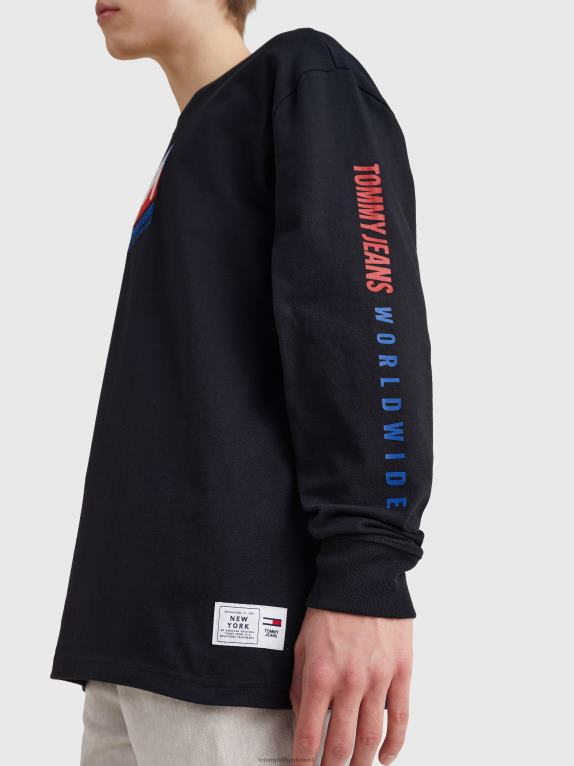 أسود Tommy Hilfiger تيشيرت بأكمام طويلة وشعار مطرز 44644852