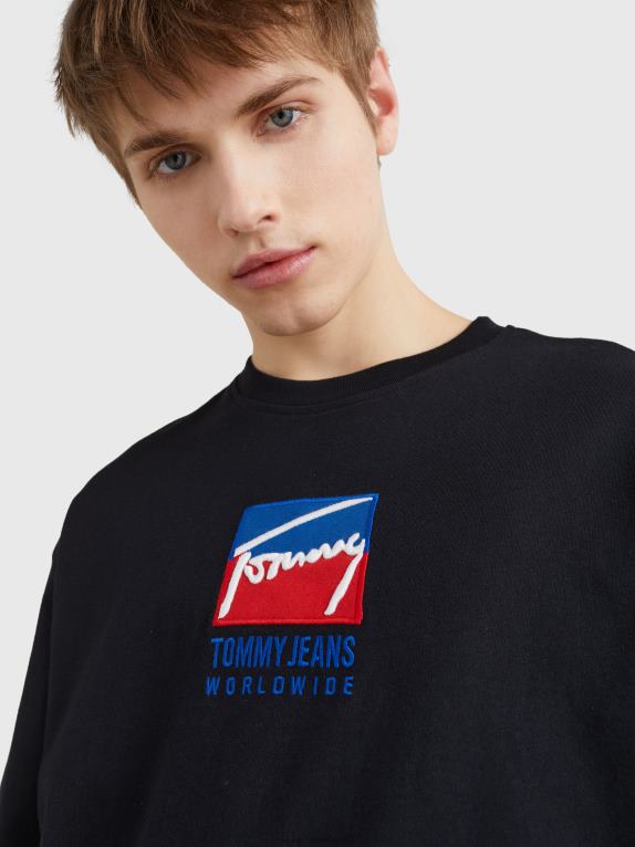 أسود Tommy Hilfiger تيشيرت بأكمام طويلة وشعار مطرز 44644852