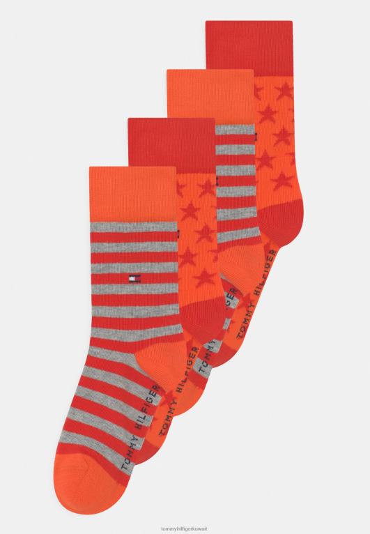 أحمر برتقالي Tommy Hilfiger جوارب للأطفال بنجوم وخطوط للجنسين مكونة من 4 قطع 446447119