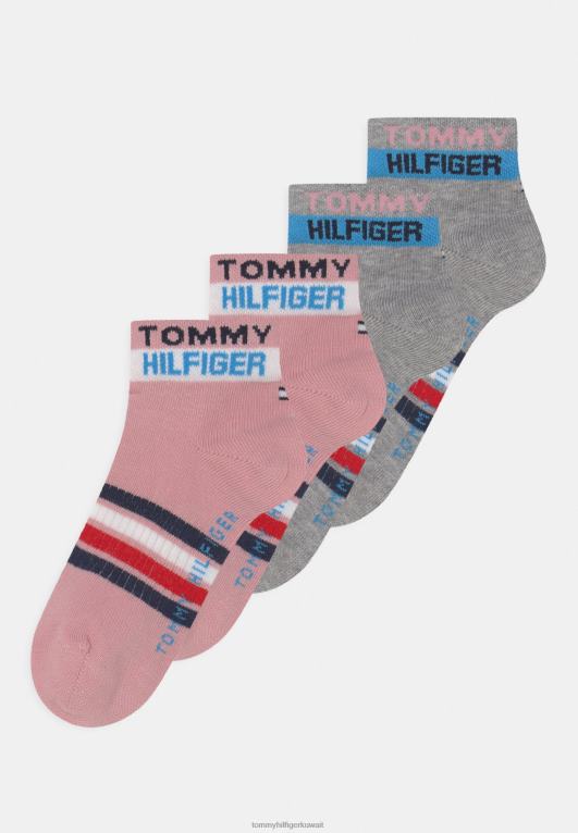 مزيج رمادي فاتح/وردي Tommy Hilfiger عبوة من 4 جوارب بشريط شعار ربع للأطفال 446448893