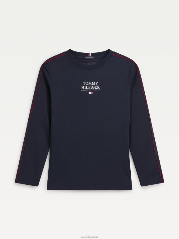 سماء الصحراء Tommy Hilfiger تي شيرت للأولاد من عمر 8 إلى 16 عامًا بشريط متباين بأكمام طويلة 44644336
