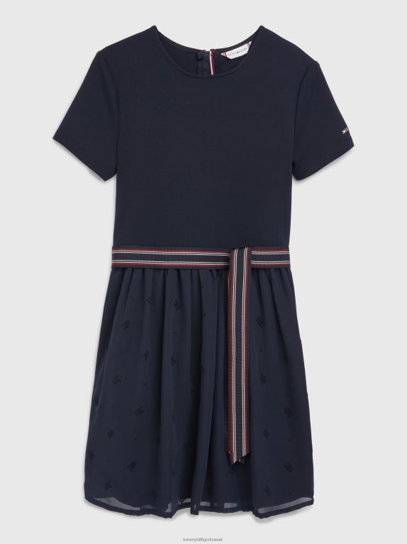 سماء الصحراء Tommy Hilfiger فستان للفتيات من 8 إلى 16 عامًا مطرز بشعار المونوغرام وملائم ومتوهج 44644396